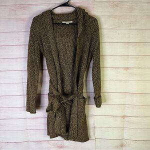 Carolyn Taylor‎ Brown Open Front Hooded Belted Cardigan Size Small